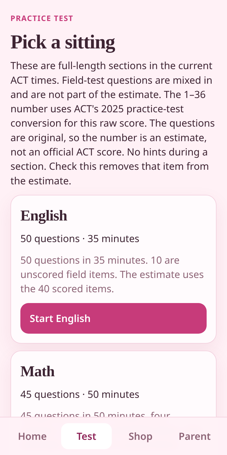 ACT Coach practice test screen listing timed English and Math sections