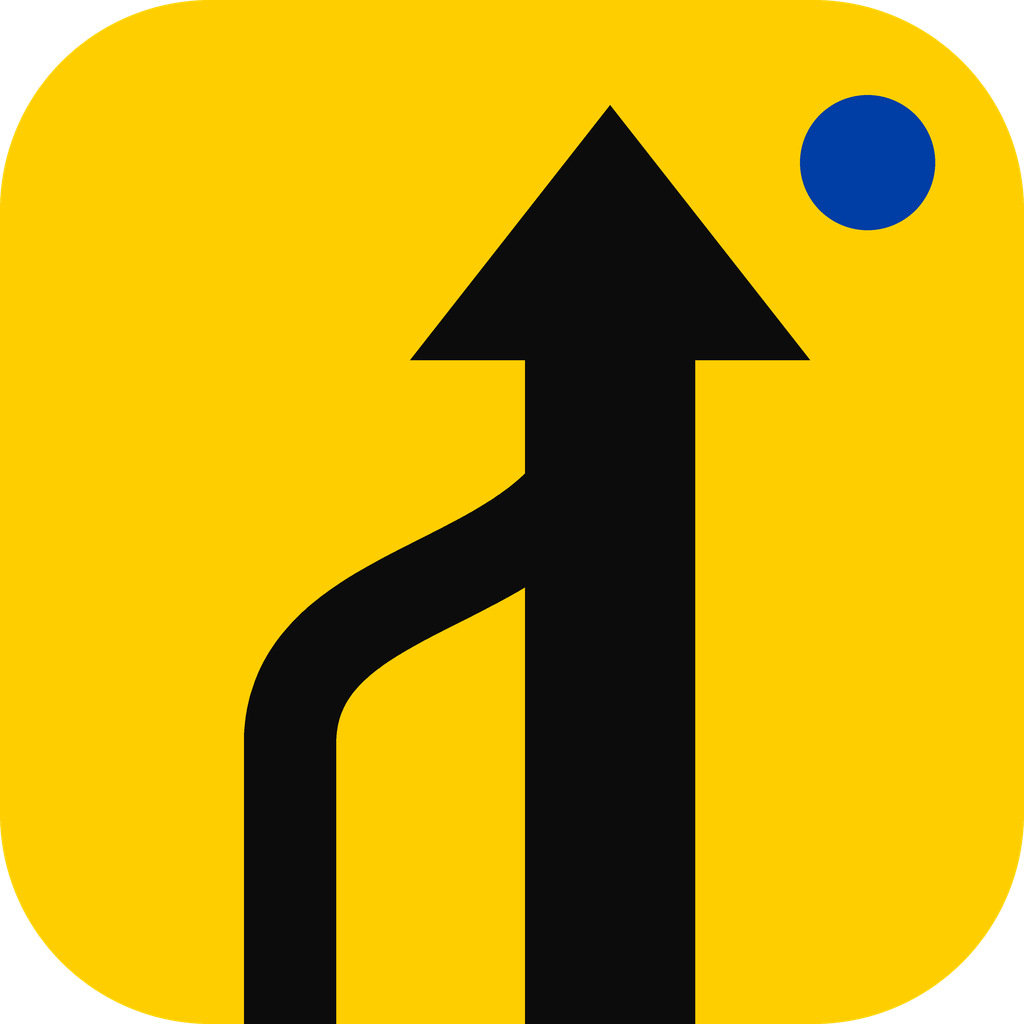 Left Lane Ends logo: a merging lane arrow with a blue dot